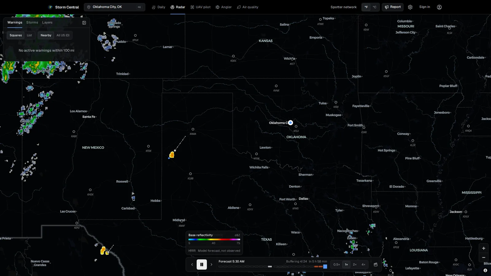 Storm Central's radar mode: the NEXRAD mosaic over Oklahoma and Texas with storm tracks, a reflectivity legend and the future radar timeline.